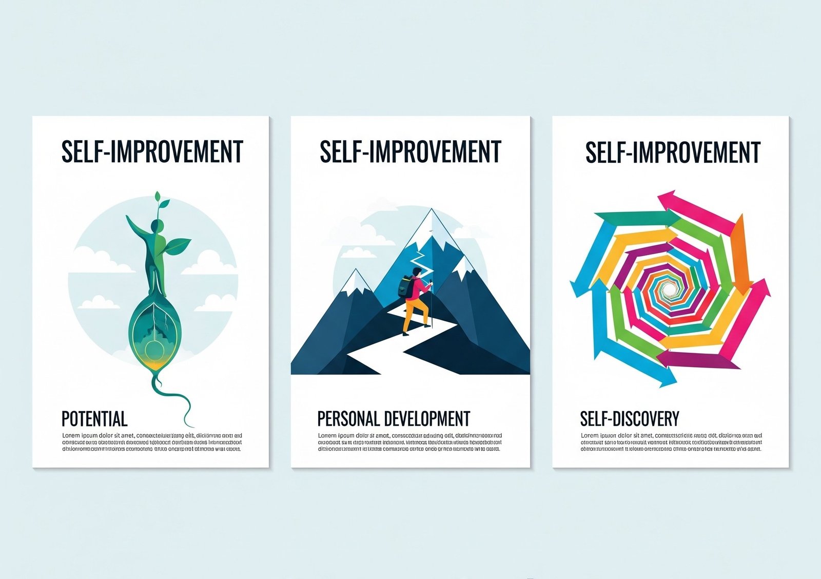 Illustrations for self-improvement topics: Potential, Personal Development, and Self-Discovery.