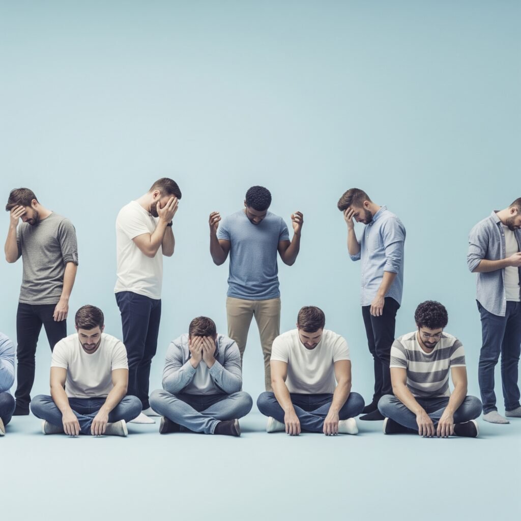 A diverse group of men in various poses of emotional distress and introspection on a light blue background, representing men's mental health challenges and struggles.