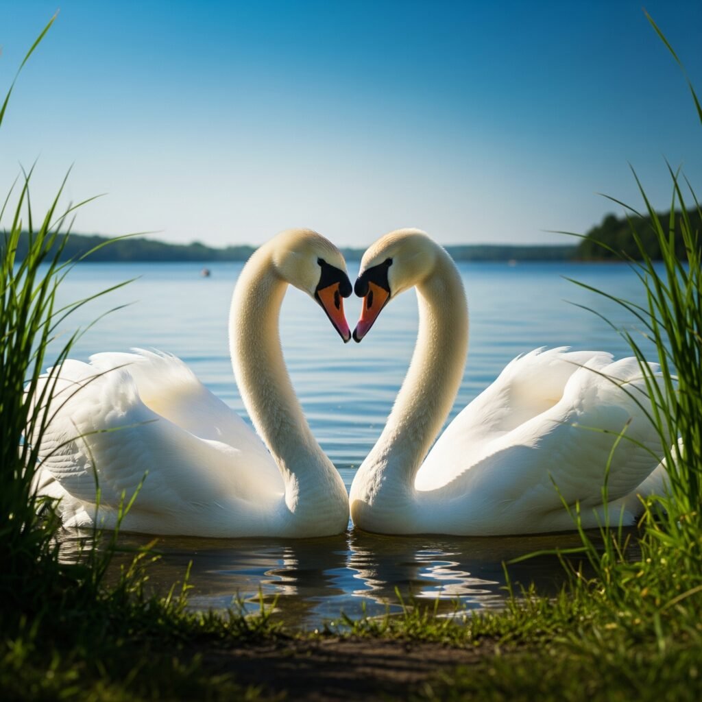 Two white swans with necks forming a heart shape on a calm lake, surrounded by green reeds. Symbolizes love, partnership, and romantic relationships.