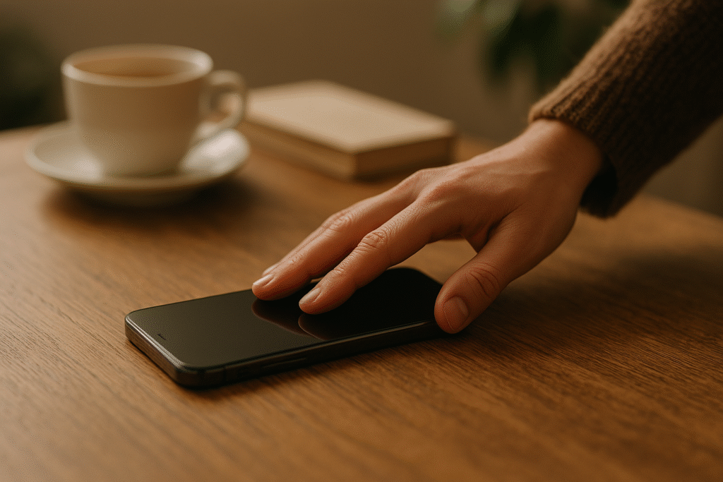 A hand gently placing a smartphone face down on a wooden table, with a blurred teacup and book in the background.