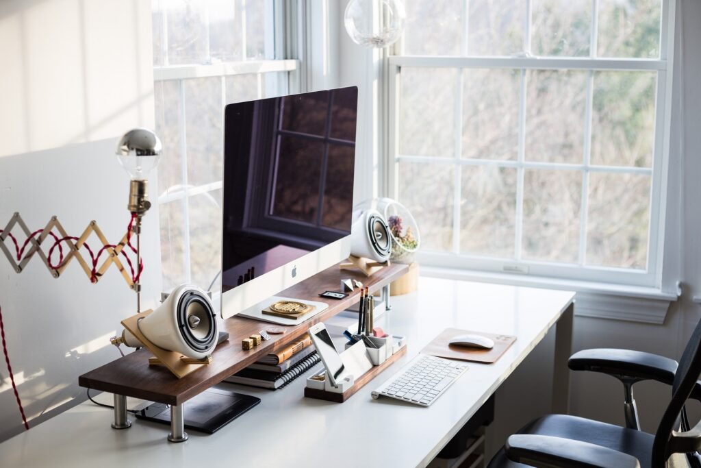 Minimalist workspace with a laptop and plant bathed in soft natural light.