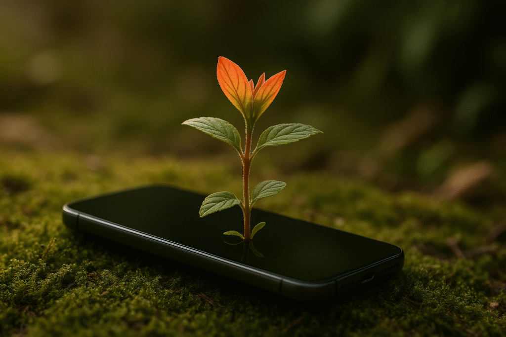 A vibrant green plant with orange new leaves growing out of a smartphone screen on a mossy ground.