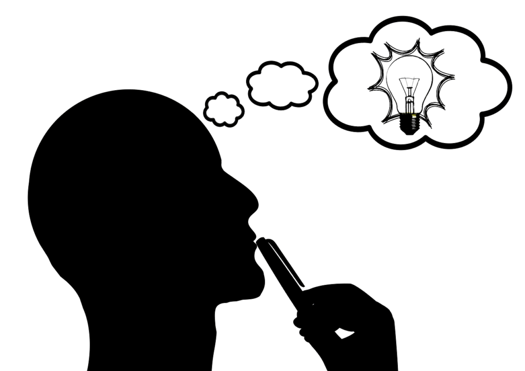 Abstract illustration of a person's head with thought bubbles, showing both an idea (lightbulb) and empty/scattered thoughts, symbolizing the ADHD mind.