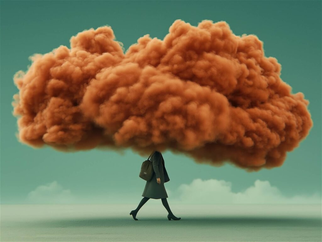 A person walking with a massive, dense orange cloud obscuring their head, symbolizing overwhelming thoughts or overthinking.